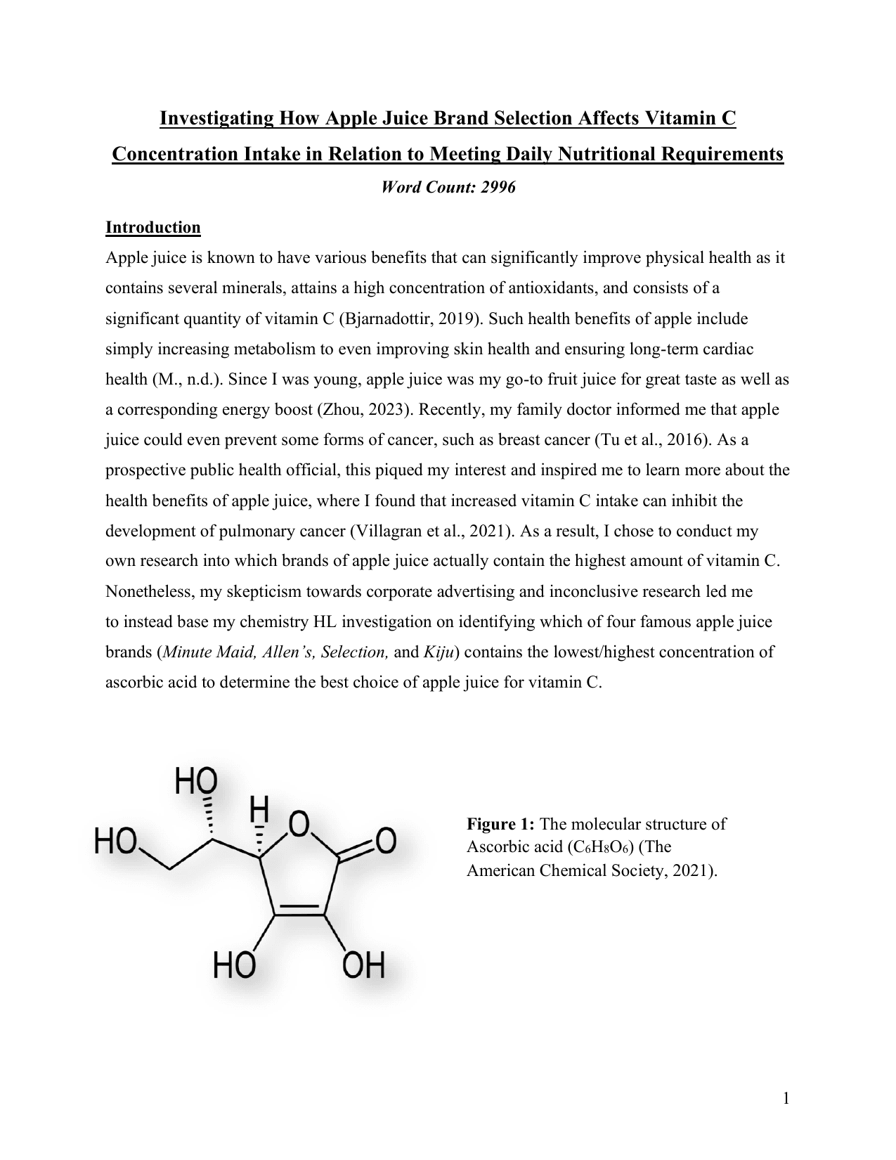Investigating How Apple Juice Brand Selection Affects Vitamin C Concentration Intake in Relation to Meeting Daily Nutritional Requirements - Chemistry IA exemplar scored 5