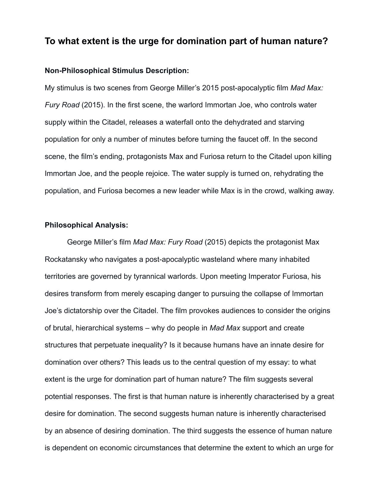 To what extent is the urge for domination part of human nature? - Philosophy IA exemplar scored 7
