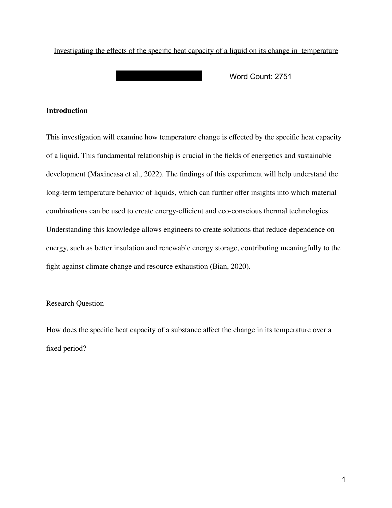 Investigating the effects of the specific heat capacity of a liquid on its change in  temperature - Physics IA exemplar scored 6