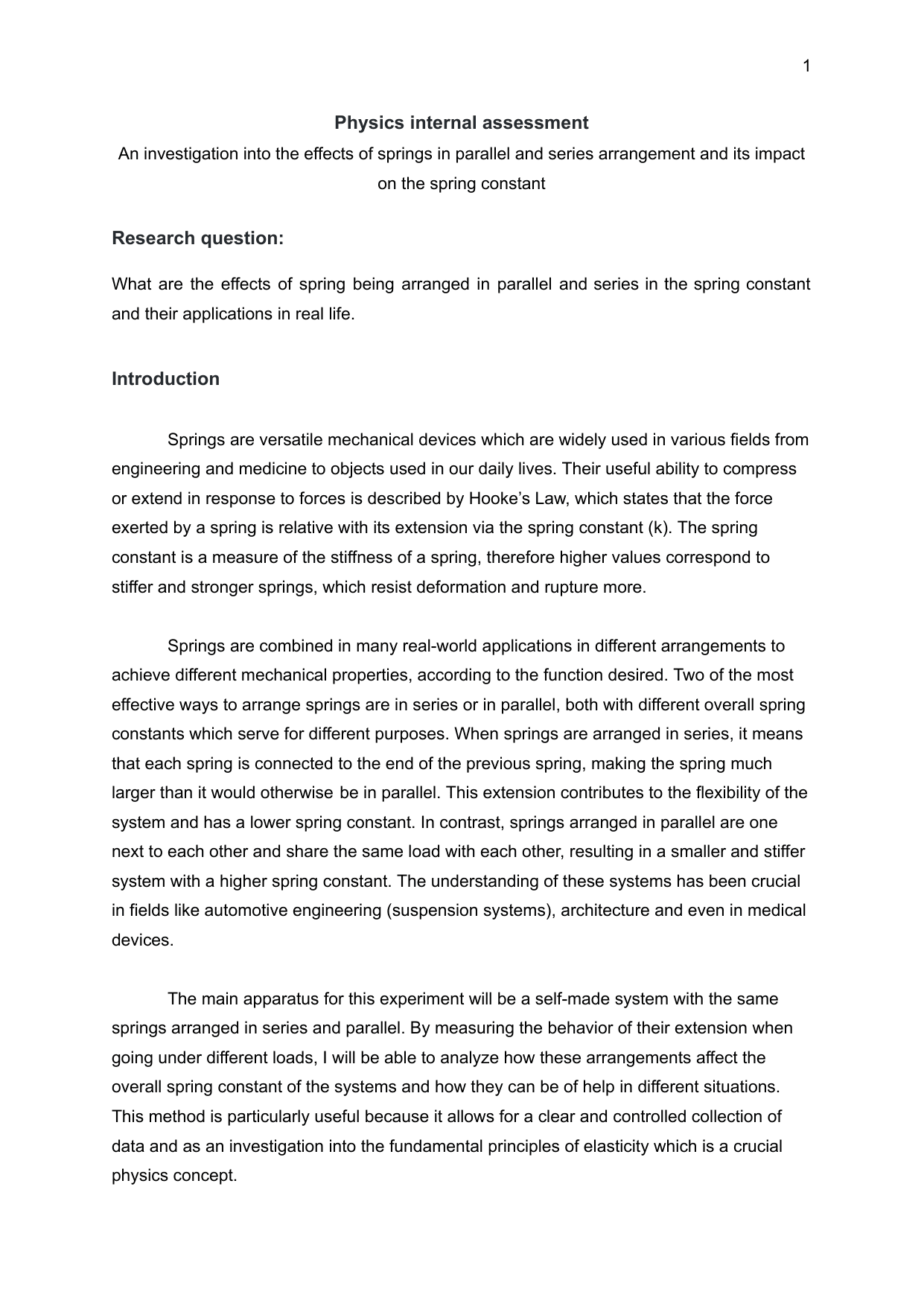 What are the effects of spring being arranged in parallel and series in the spring constant and their applications in real life - Physics IA exemplar scored 3