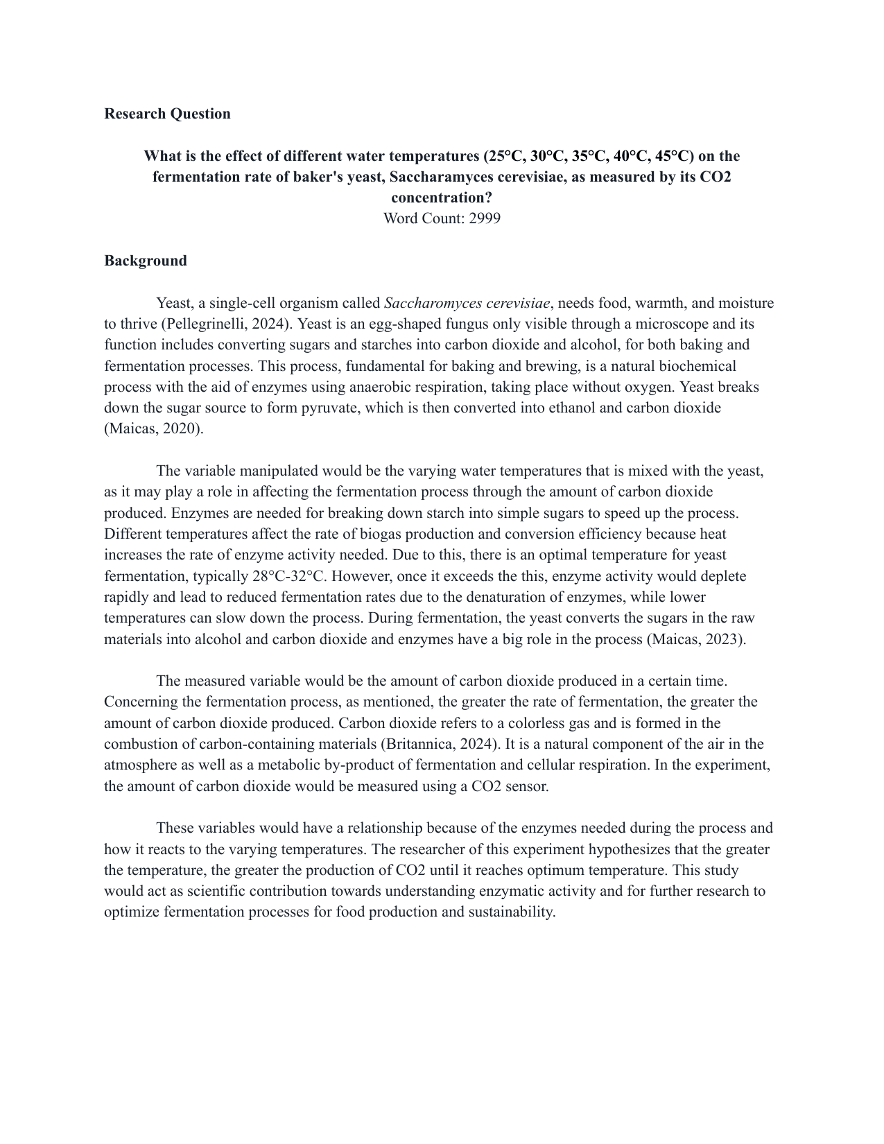 What is the effect of different water temperatures (25°C, 30°C, 35°C, 40°C, 45°C) on the fermentation rate of baker's yeast, Saccharamyces cerevisiae, as measured by its CO2 concentration? - Biology IA exemplar scored 5