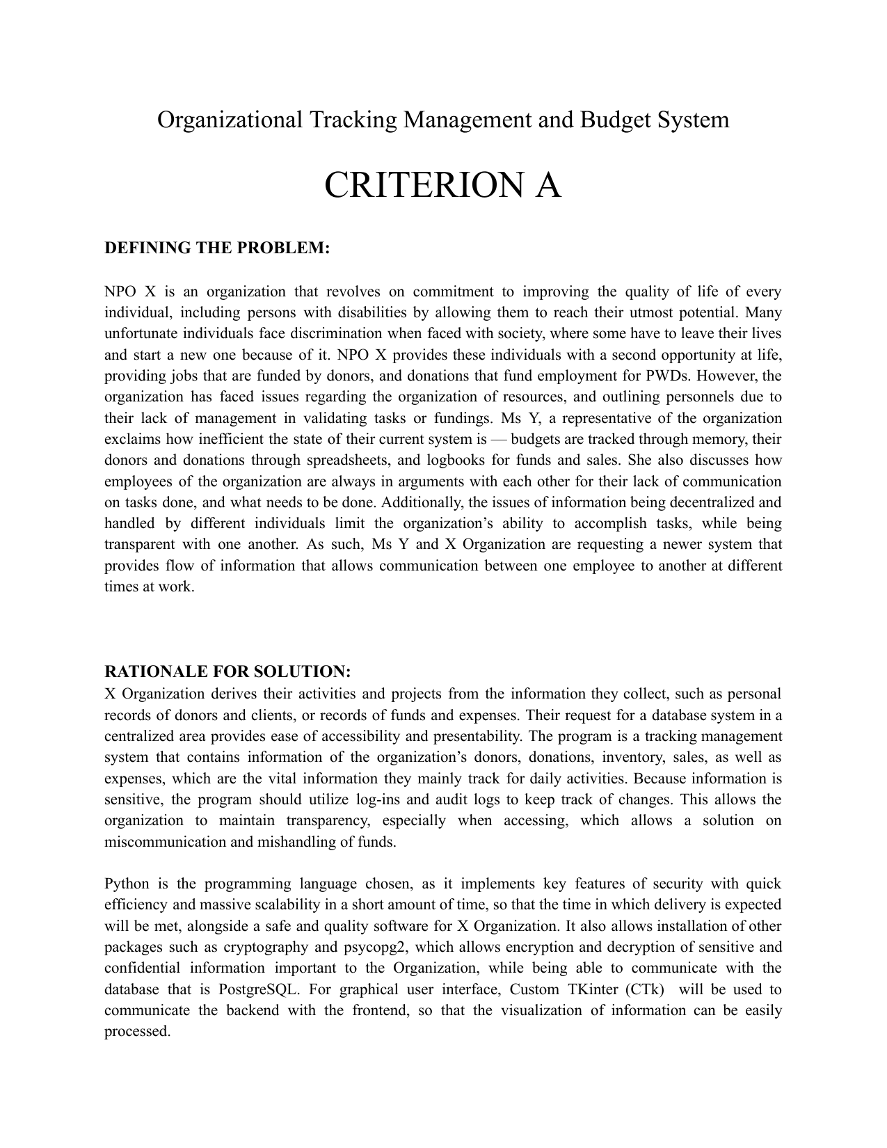 Organizational Tracking Management and Budget System - Computer Science (CS) IA exemplar scored 5