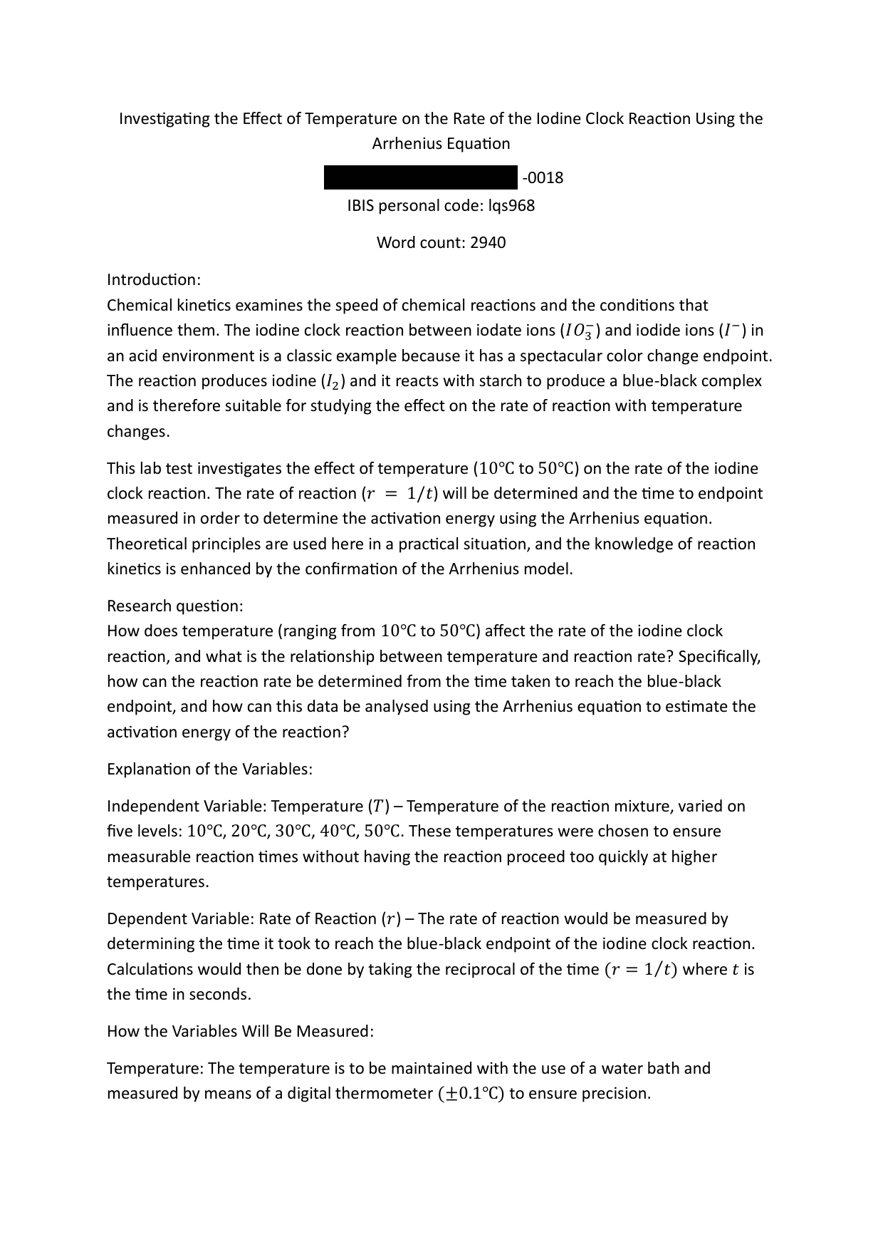 How does temperature (ranging from 10℃ to 50℃) affect the rate of the iodine clock reaction, and what is the relationship between temperature and reaction rate? Specifically, how can the reaction rate be determined from the time taken to reach the blue-black endpoint, and how can this data be analysed using the Arrhenius equation to estimate the activation energy of the reaction?