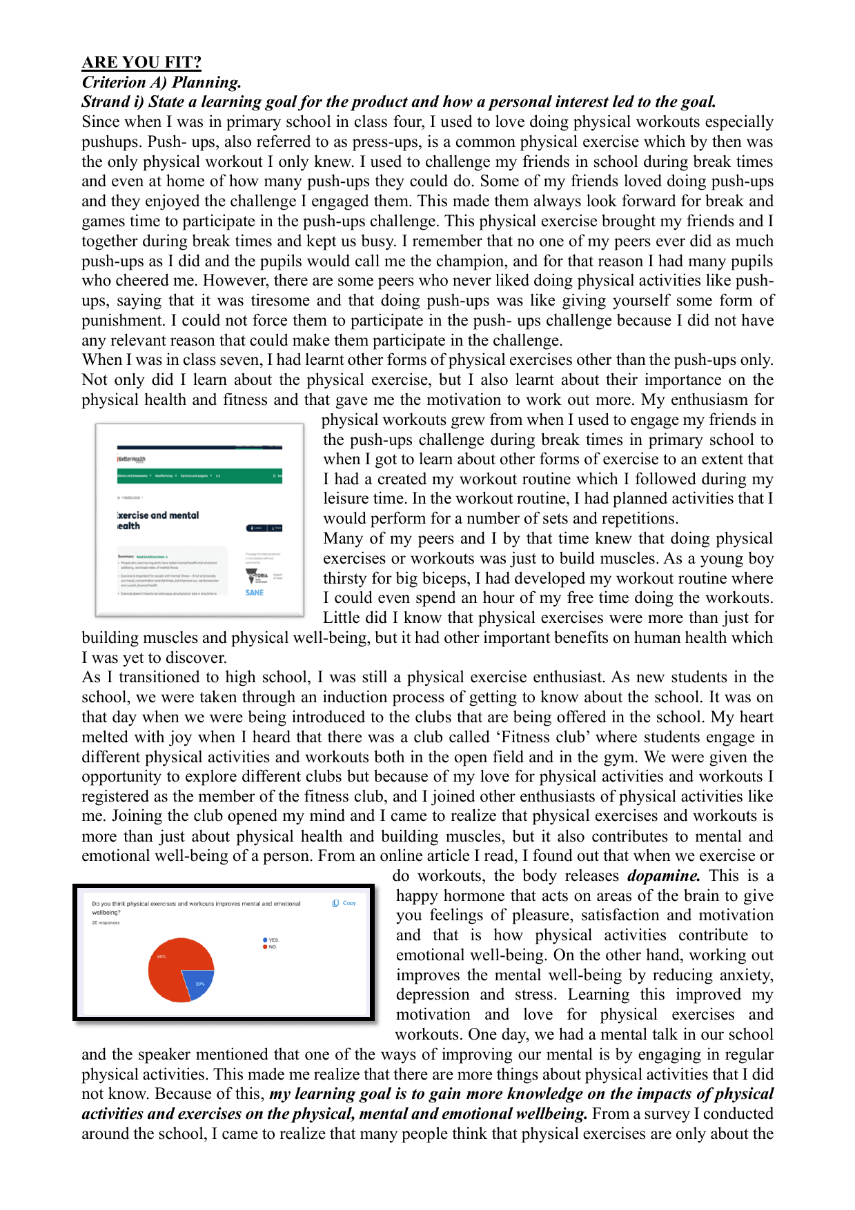 Are You FIT - Personal Project (MYP) External Assessment exemplar scored 6