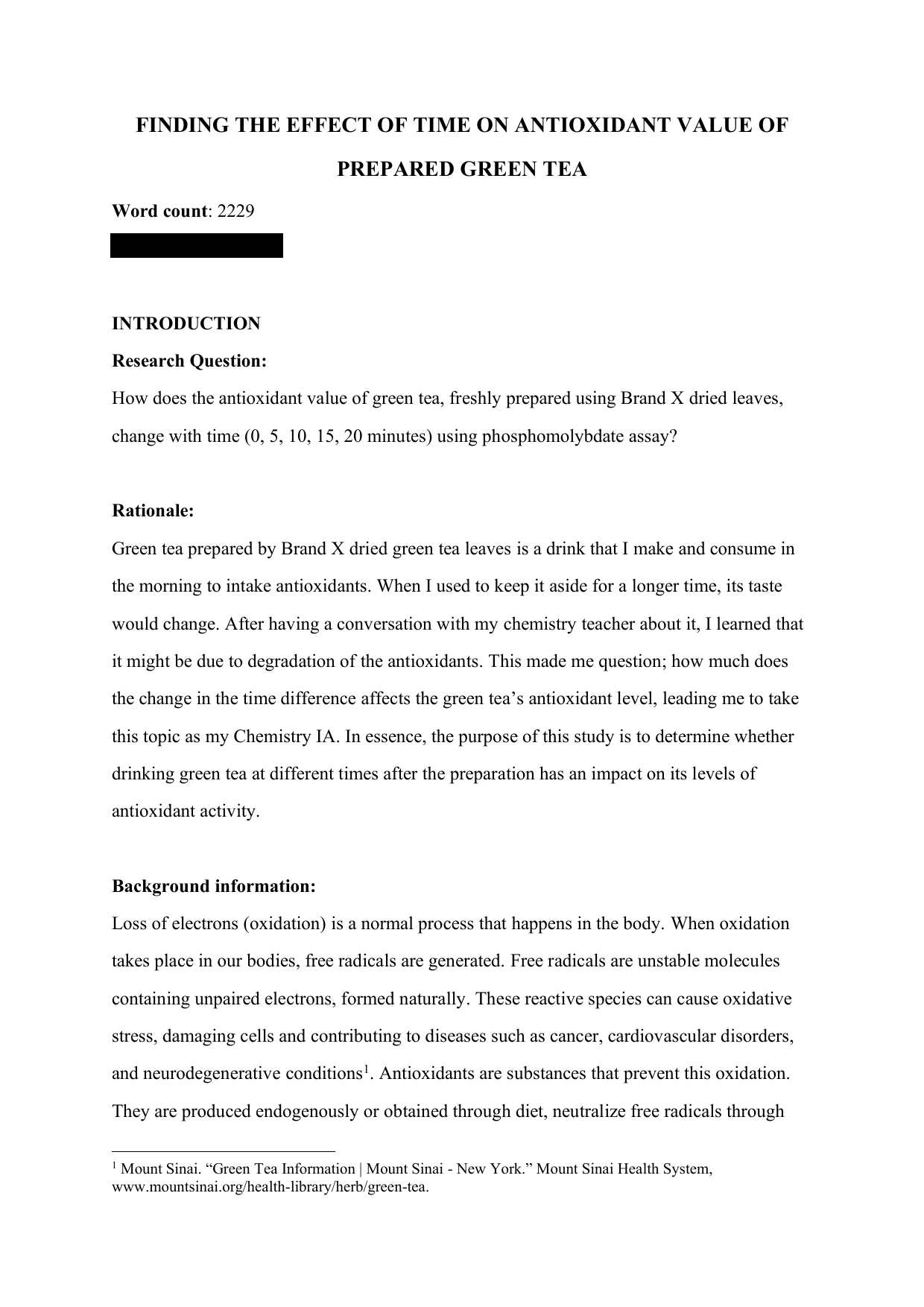 Finding The Effect Of Time On Antioxidant Value Of Prepared Green Tea - Chemistry IA exemplar scored 4