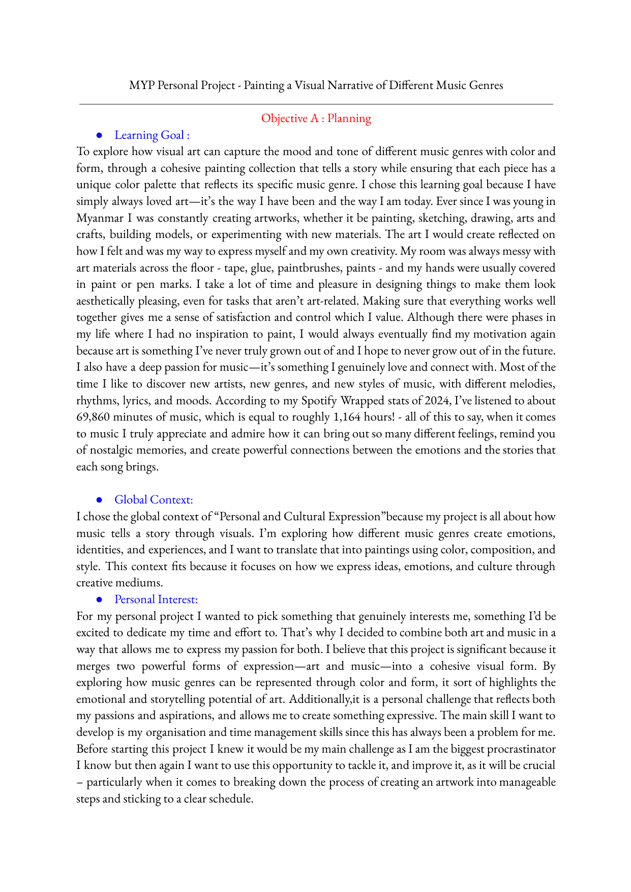 Painting a Visual Narrative of Different Music Genres - Personal Project (MYP) External Assessment exemplar scored 7