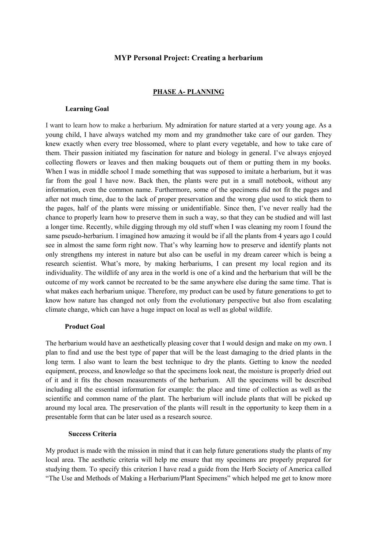 Making a herbarium - Personal Project (MYP) External Assessment exemplar scored 7