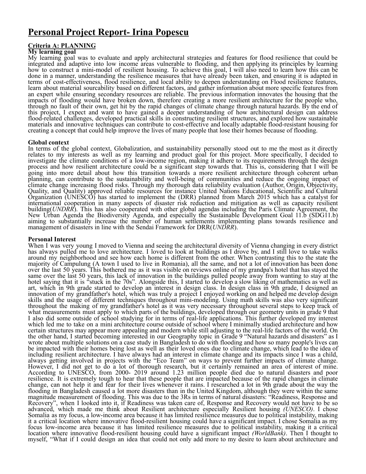 Resilient Architectural Housing in Flood Prone Areas - Personal Project (MYP) External Assessment exemplar scored 7