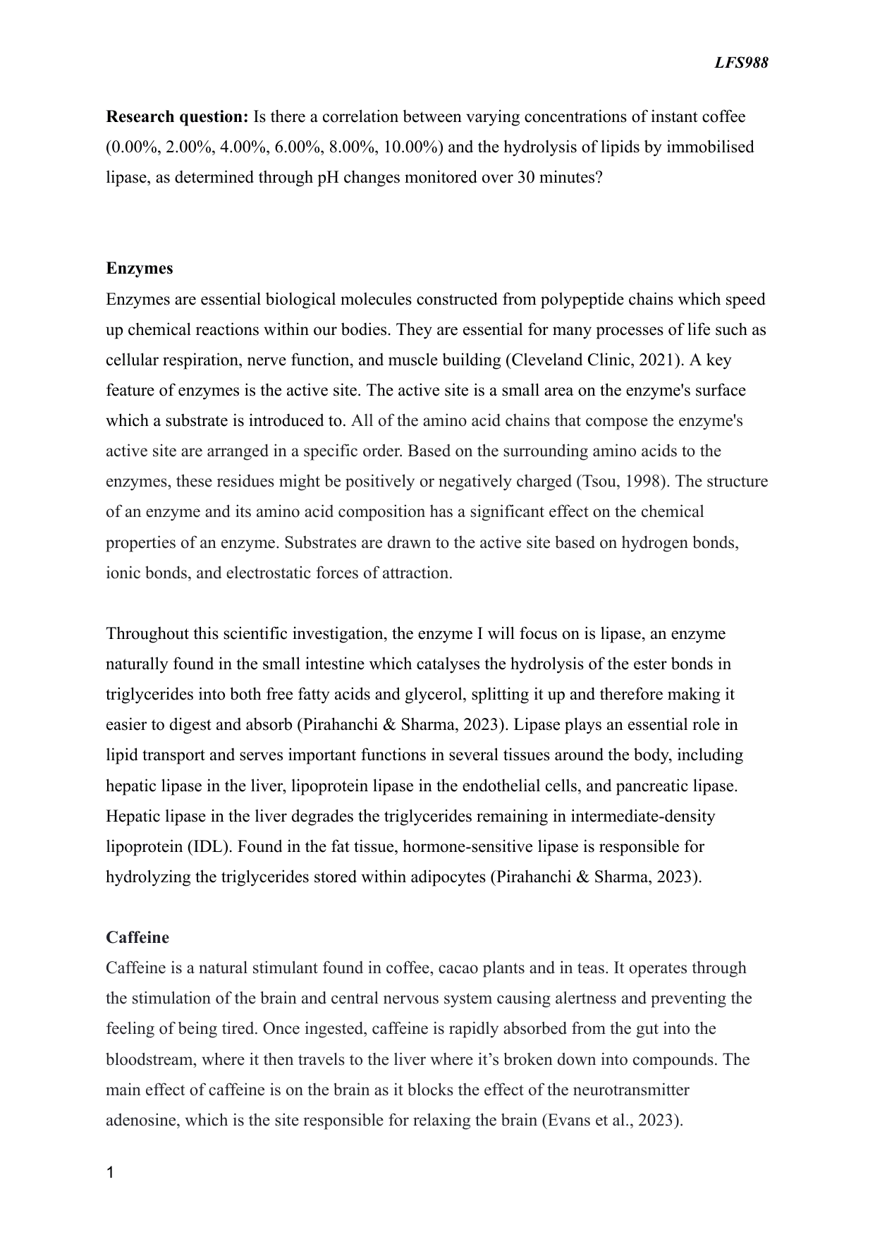 Is there a correlation between varying concentrations of instant coffee (0.00%, 2.00%, 4.00%, 6.00%, 8.00%, 10.00%) and the hydrolysis of lipids by immobilised lipase, as determined through pH changes monitored over 30 minutes? - Biology IA exemplar scored 5