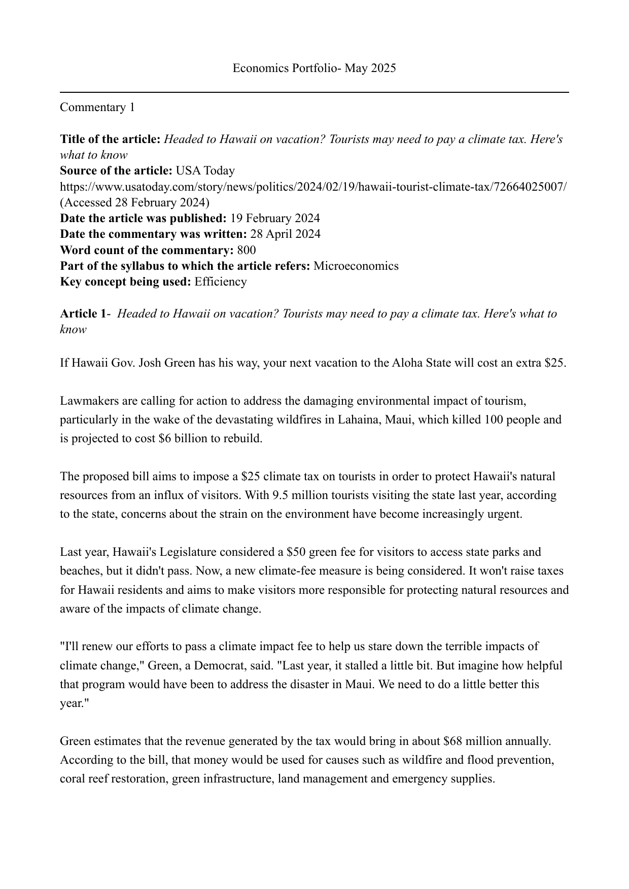 Headed to Hawaii on vacation? Tourists may need to pay a climate tax. Here's
what to know - Economics IA exemplar scored 5