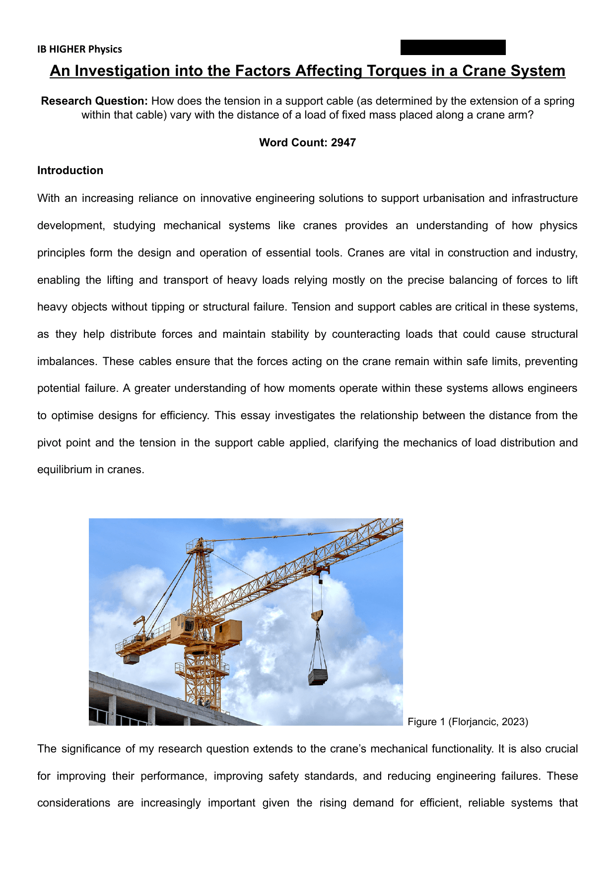 How does the tension in a support cable (as determined by the extension of a spring within that cable) vary with the distance of a load of fixed mass placed along a crane arm? - Physics IA exemplar scored 6