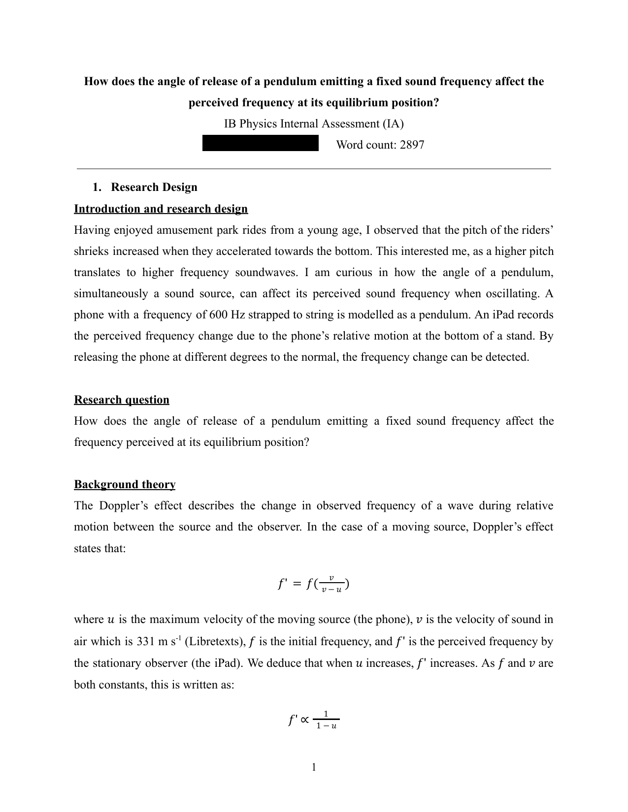 How does the angle of release of a pendulum emitting a fixed sound frequency affect the perceived frequency at its equilibrium position? - Physics IA exemplar scored 4
