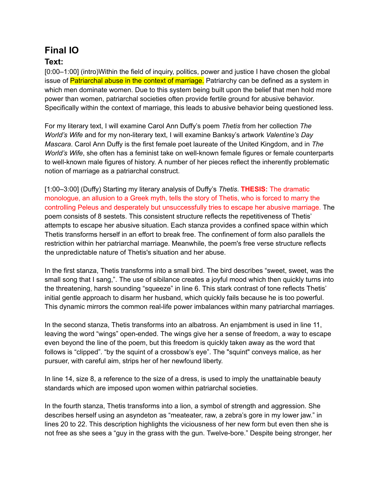 Patriarchal abuse in the context of marriage - English A Lang & Lit IA exemplar scored 6