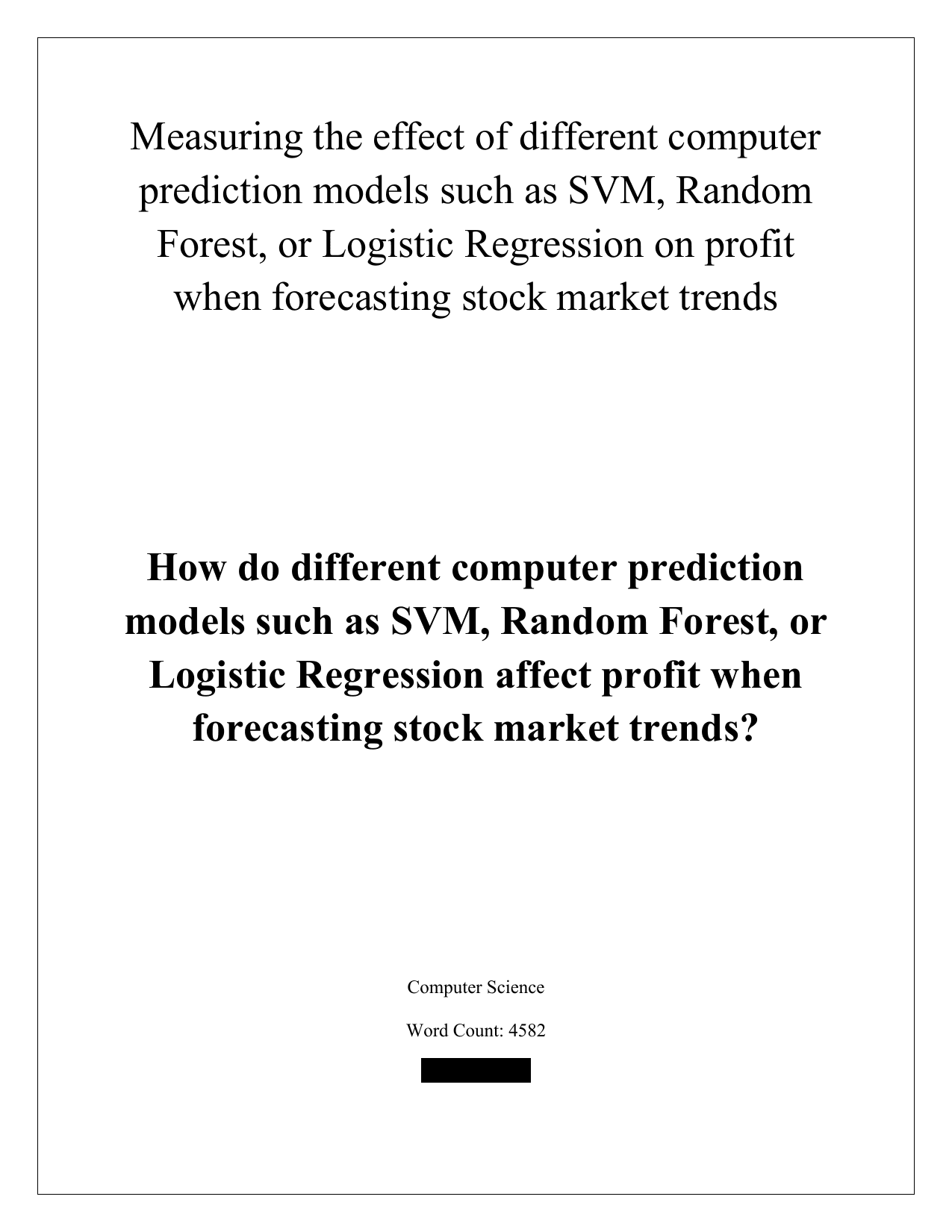 How do different computer prediction models such as SVM, Random Forest, or Logistic Regression affect profit when forecasting stock market trends?