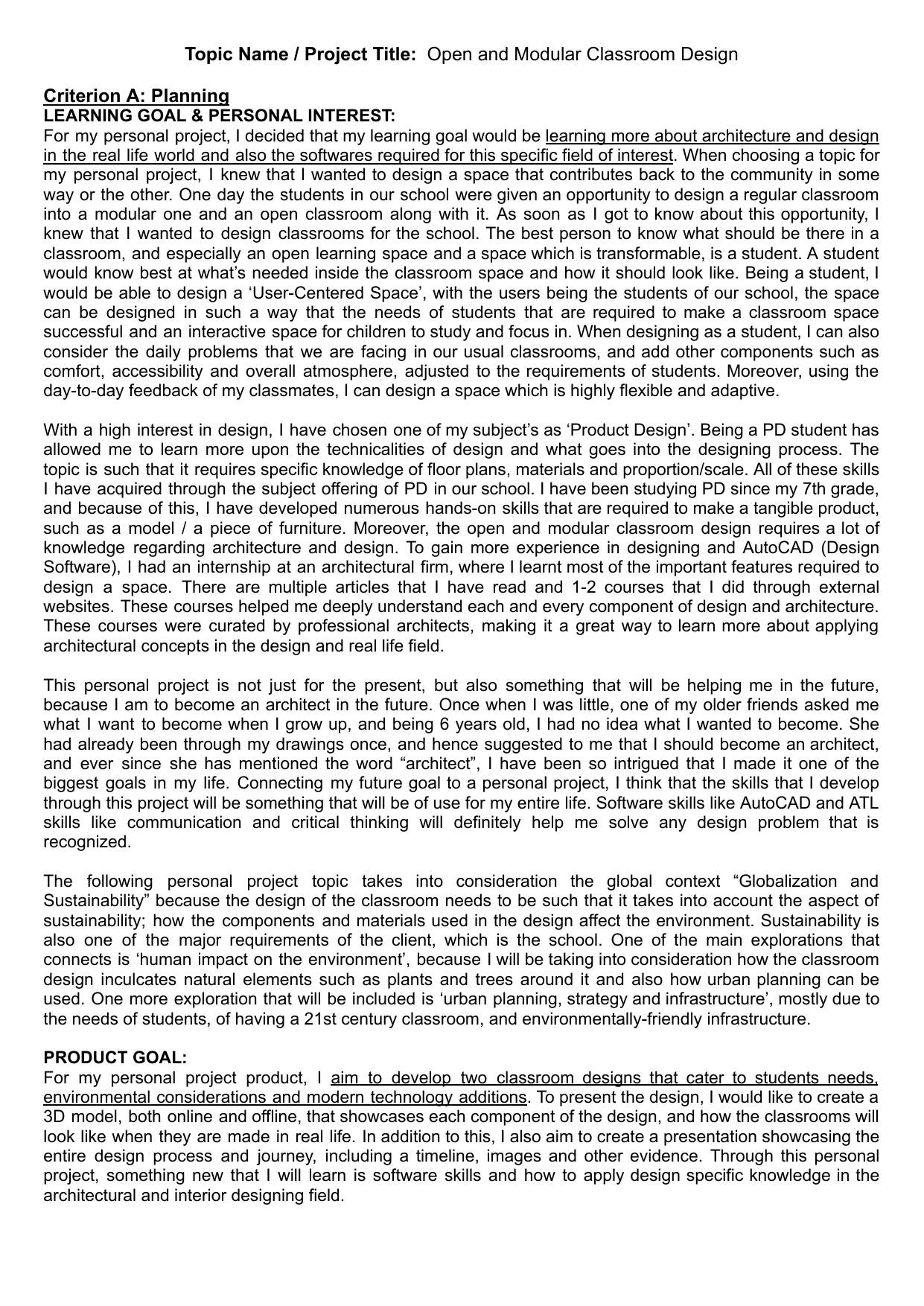 Open and Modular Classroom Design - Personal Project (MYP) External Assessment exemplar scored 7