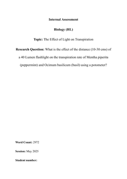 What is the effect of the distance (10-30 cms) of a 40 Lumen flashlight on the transpiration rate of Mentha piperita (peppermint) and Ocimum basilicum (basil) using a potometer?