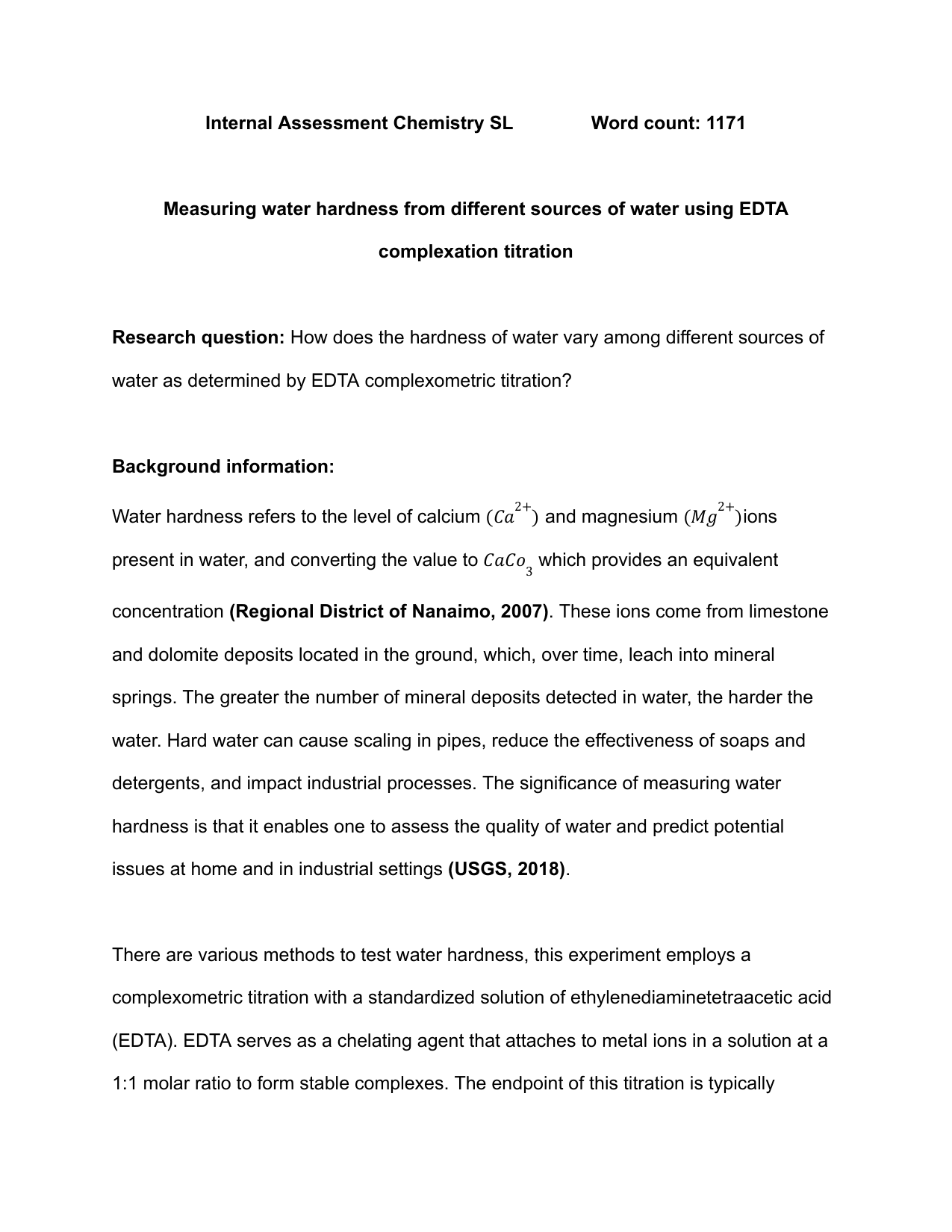 Measuring water hardness from different sources of water using EDTA complexation titration - Chemistry IA exemplar scored 4