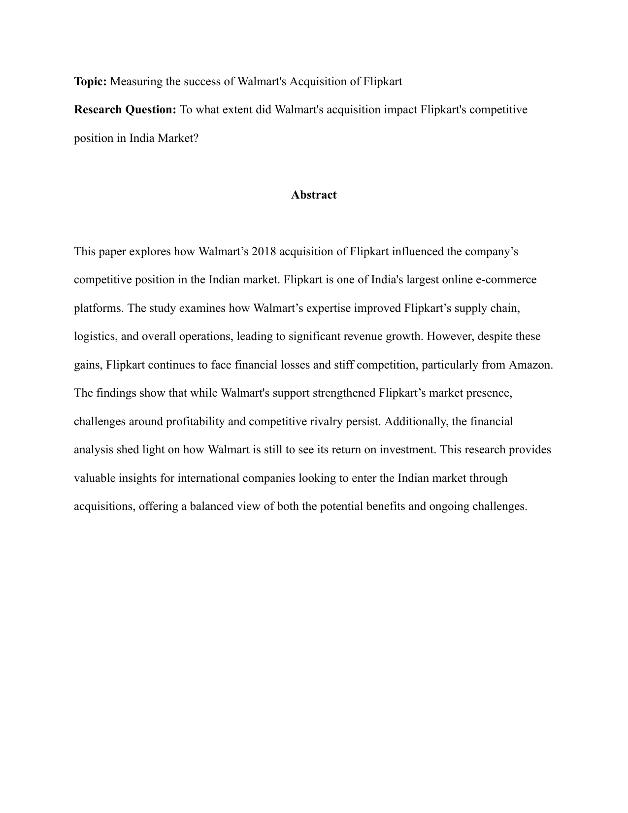 To what extent did Walmart's acquisition impact Flipkart's competitive position in India Market? - Business Management EE exemplar scored A