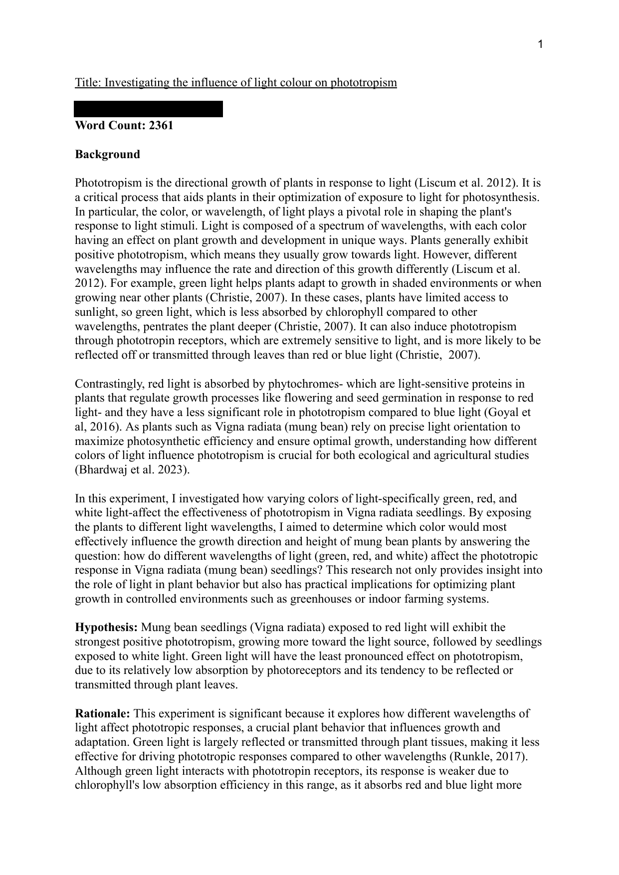 Title: Investigating the influence of light colour on phototropism - Biology IA exemplar scored 4