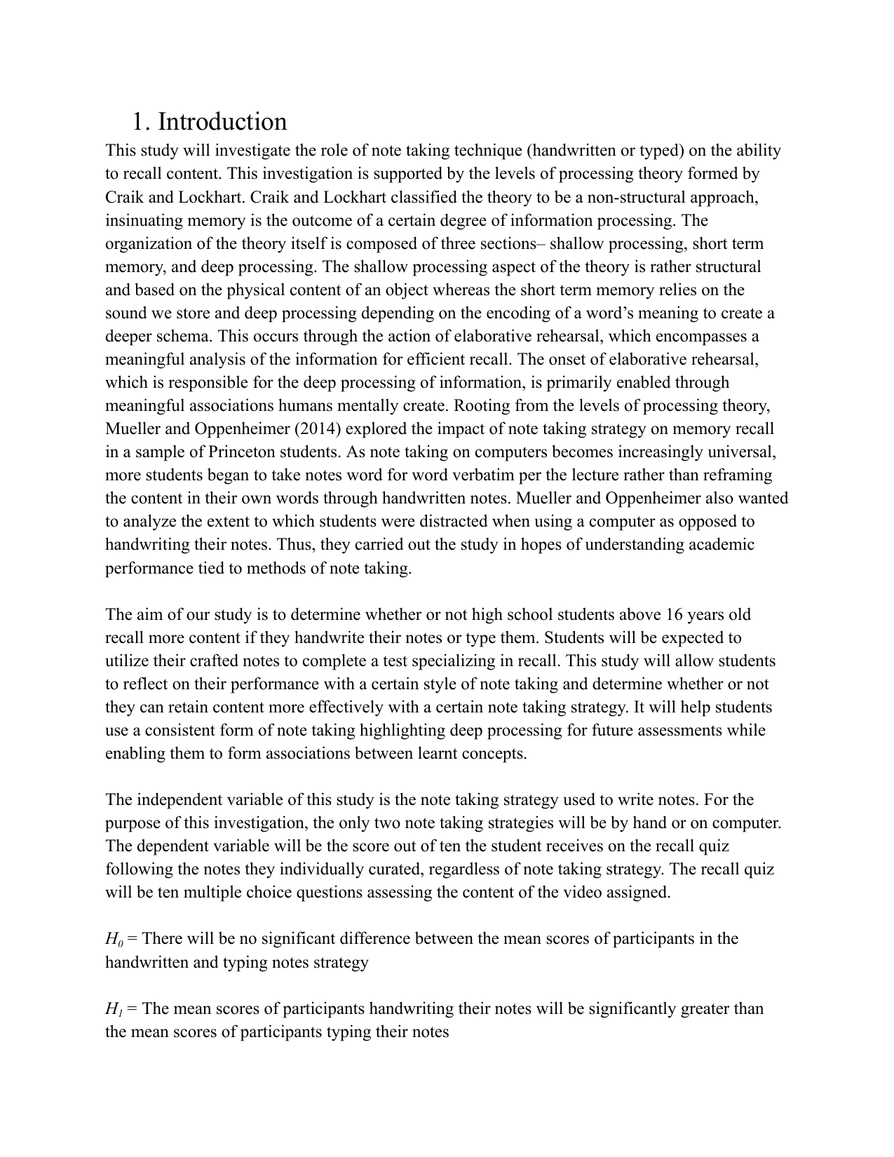 Do high school students above 16 years old recall more content if they handwrite their notes or type them? - Psychology IA exemplar scored 5