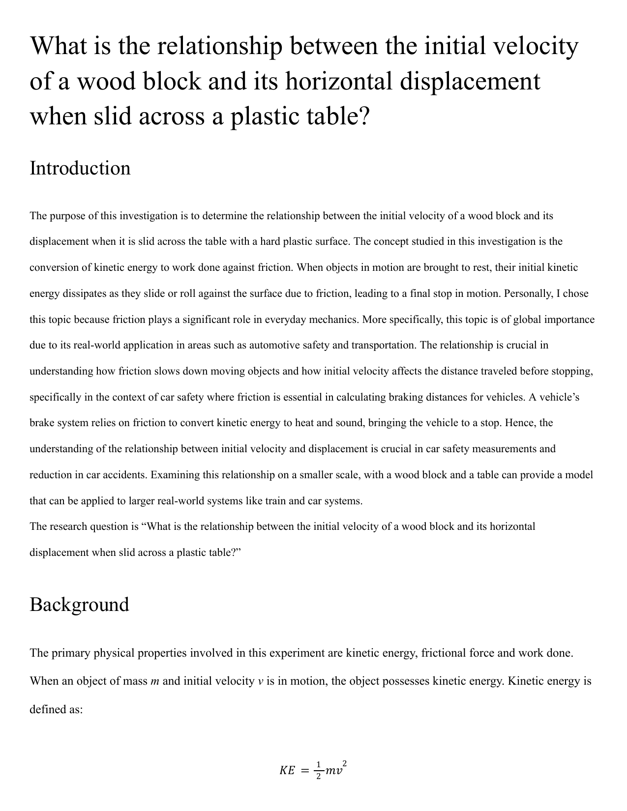 What is the relationship between the initial velocity of a wood block and its horizontal displacement when slid across a plastic table? - Physics IA exemplar scored 6