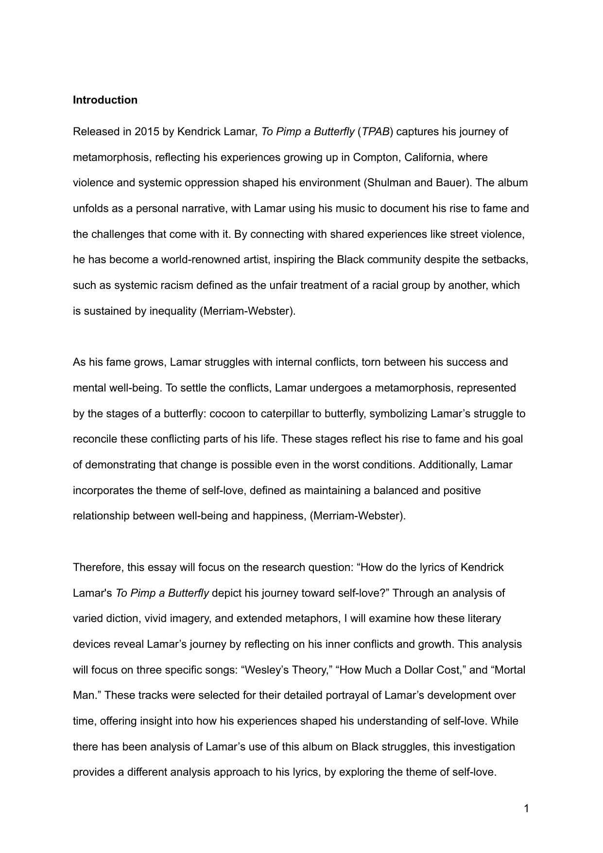 “HowdothelyricsofKendrickLamar'salbumToPimpaButterflydepicthisjourneytowardsself-love” - English A Lit EE exemplar scored C