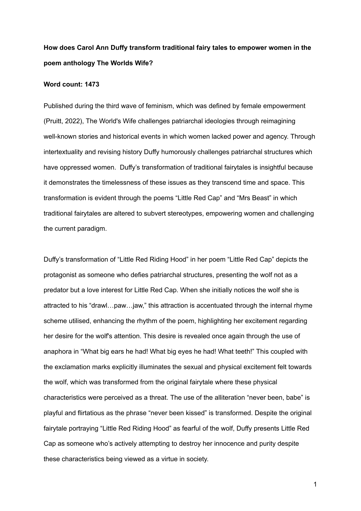 How does Carol Ann Duffy transform traditional fairy tales to empower women in the poem anthology The Worlds Wife? - English A Lang & Lit IA exemplar scored 6