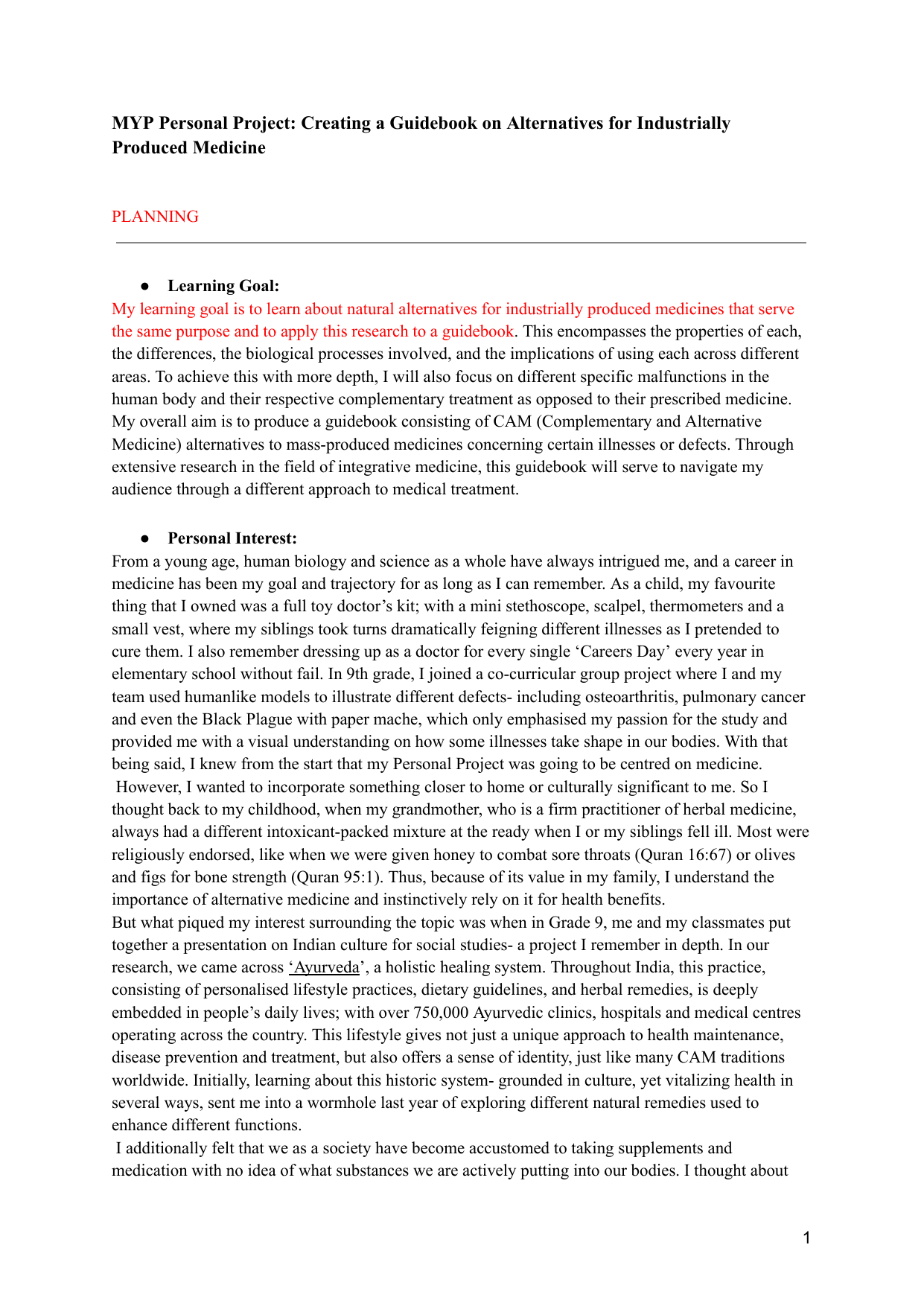 Creating a Guidebook on Alternatives for Industrially Produced Medicine - Personal Project (MYP) External Assessment exemplar scored 7