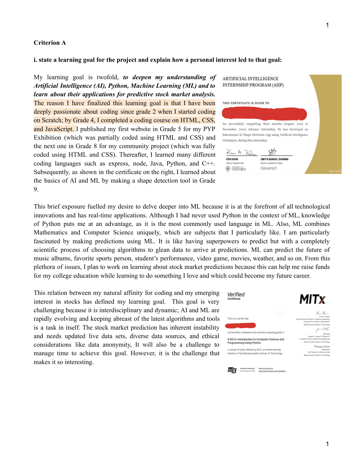 Stock Market Prediction - Personal Project (MYP) External Assessment exemplar scored 7