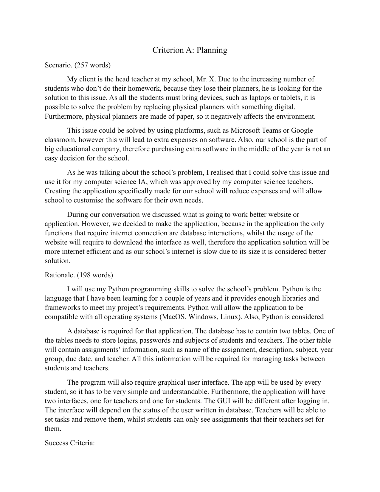 Creating an assignment manager application - Computer Science (CS) IA exemplar scored 6