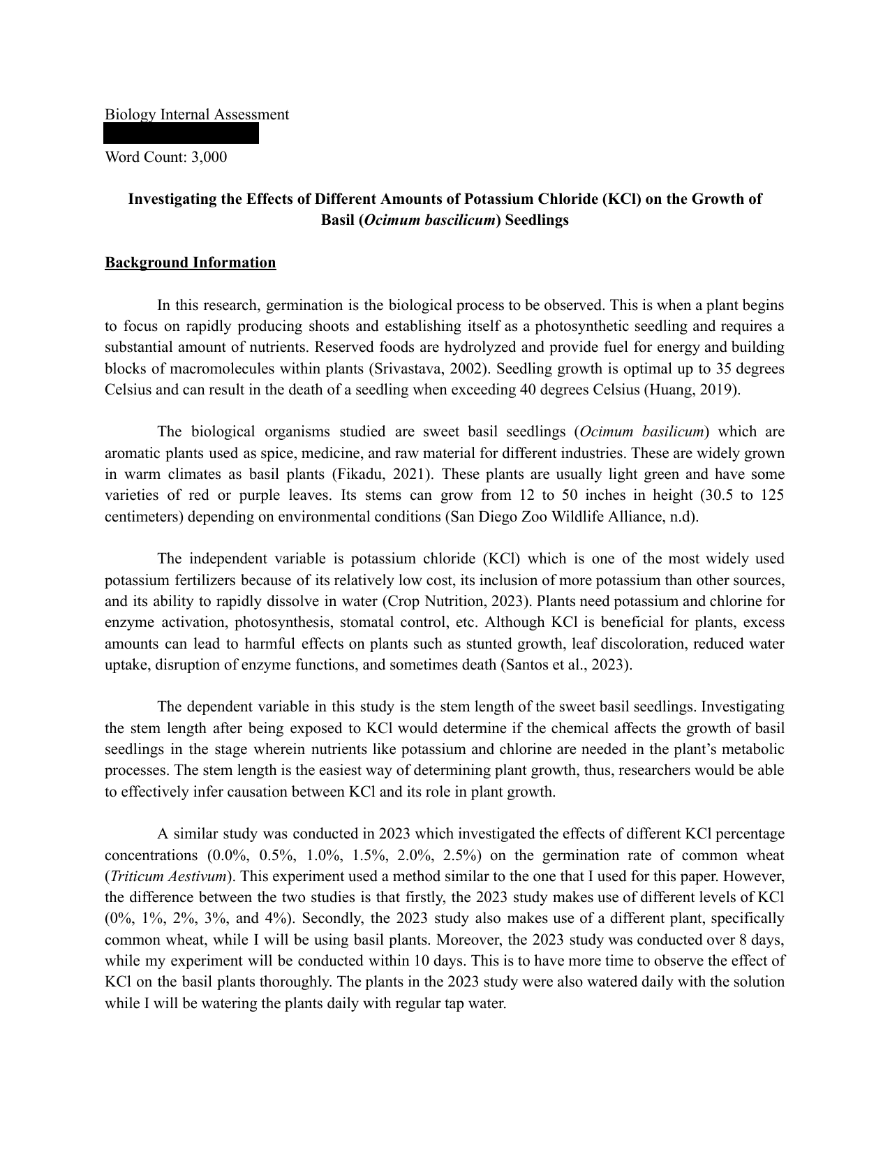 Investigating the Effects of Different Amounts of Potassium Chloride (KCl) on the Growth of Basil (Ocimum bascilicum) Seedlings - Biology IA exemplar scored 6