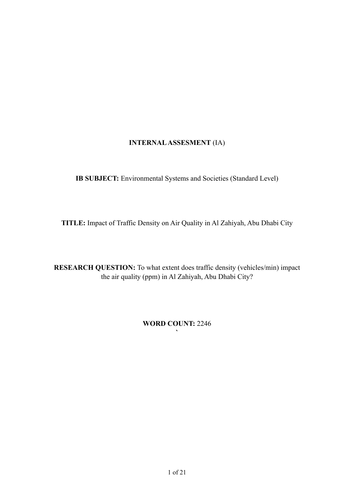 To what extent does traffic density (vehicles/min) impact the air quality (ppm) in Al Zahiyah, Abu Dhabi City? - Environmental systems and societies (ESS - Old) IA exemplar scored 5