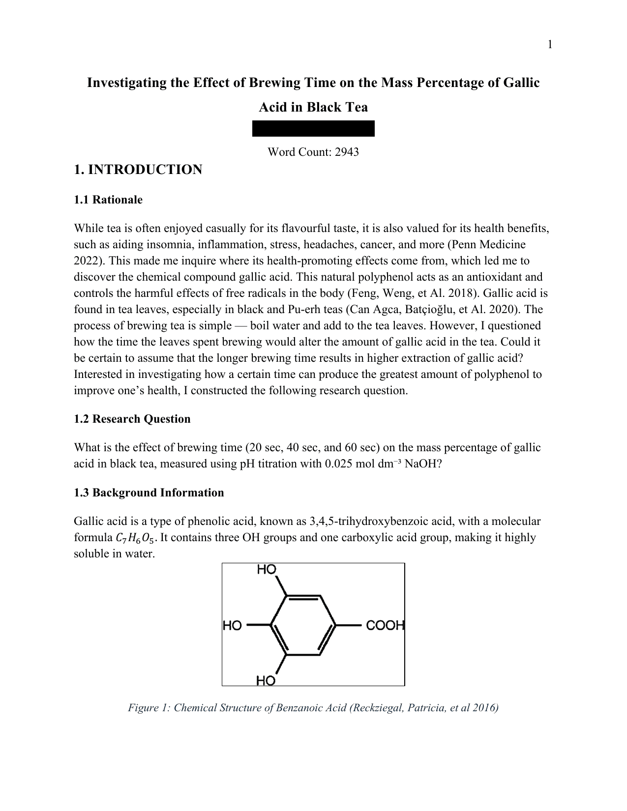 What is the effect of brewing time (20 sec, 40 sec, and 60 sec) on the mass percentage of gallic acid in black tea, measured using pH titration with 0.025 mol dm−3 NaOH? - Chemistry IA exemplar scored 5