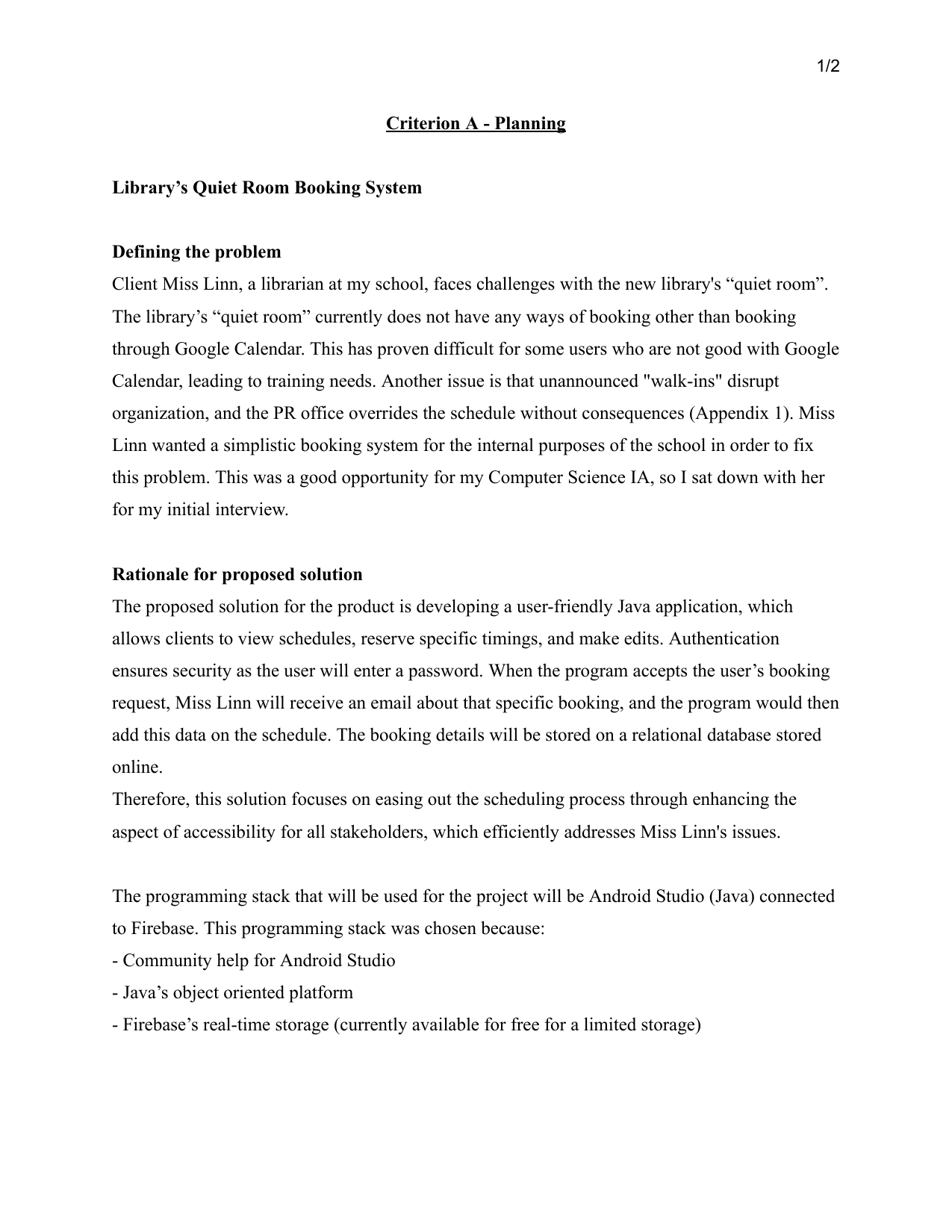 Library's Quiet Room Booking System - Computer Science (CS) IA exemplar scored 4