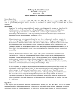 How do varying ethanol concentrations (15%, 30%, 45%, 60%, 75%) affect the membrane permeability of Beta vulgaris
cells, as quantified by betacyanin release measured via absorbance at 540 nm using a colorimeter after 10-minute
exposure?