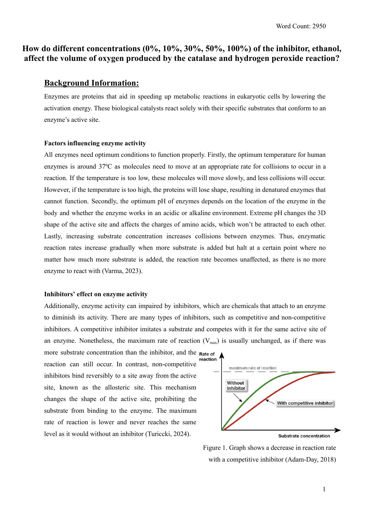 How do different concentrations of the inhibitor, ethanol, affect the volume of oxygen produced by the catalase and hydrogen peroxide reaction? - Biology IA exemplar scored 6