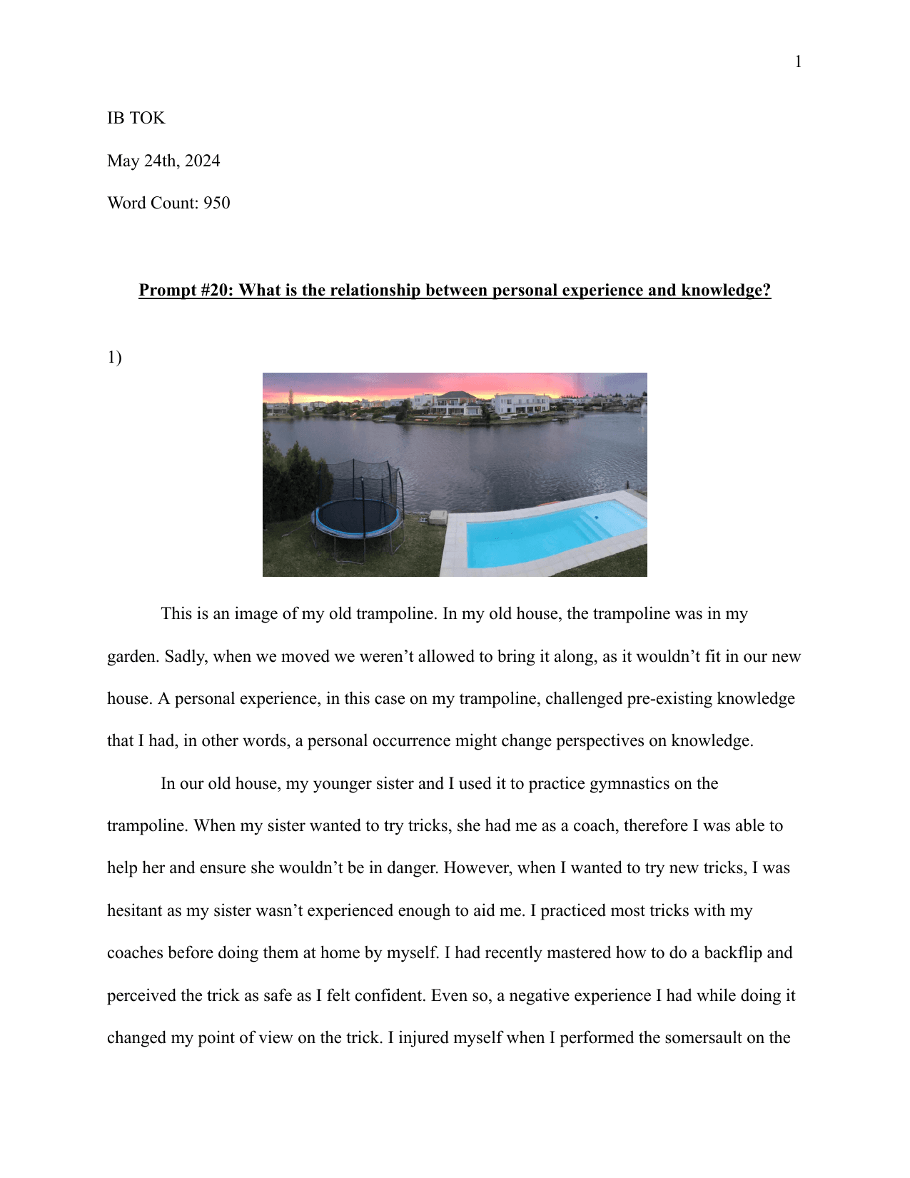 Prompt #20: What is the relationship between personal experience and knowledge? - Theory of Knowledge (TOK) TOK exemplar scored B