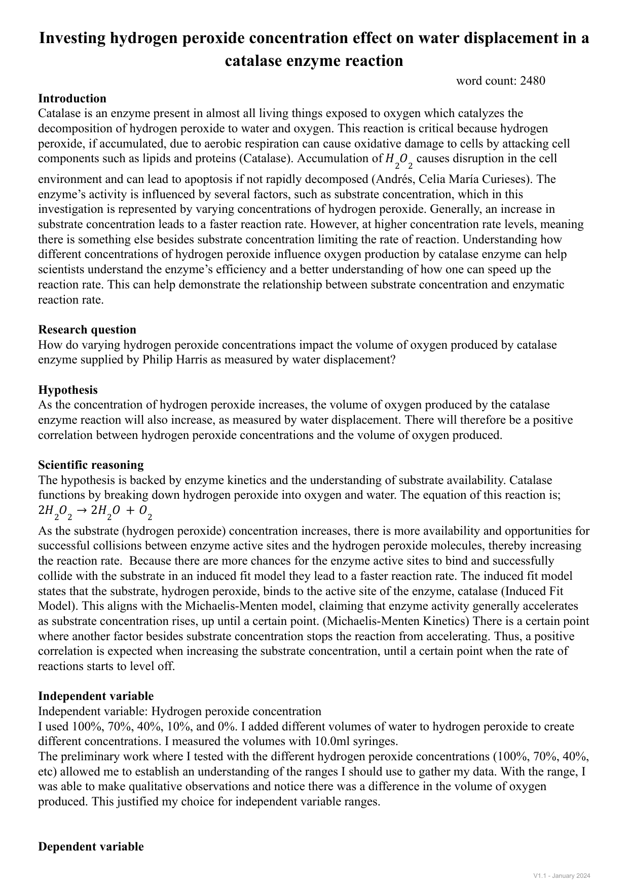 Investing hydrogen peroxide concentration effect on water displacement in a catalase enzyme reaction - Biology IA exemplar scored 5