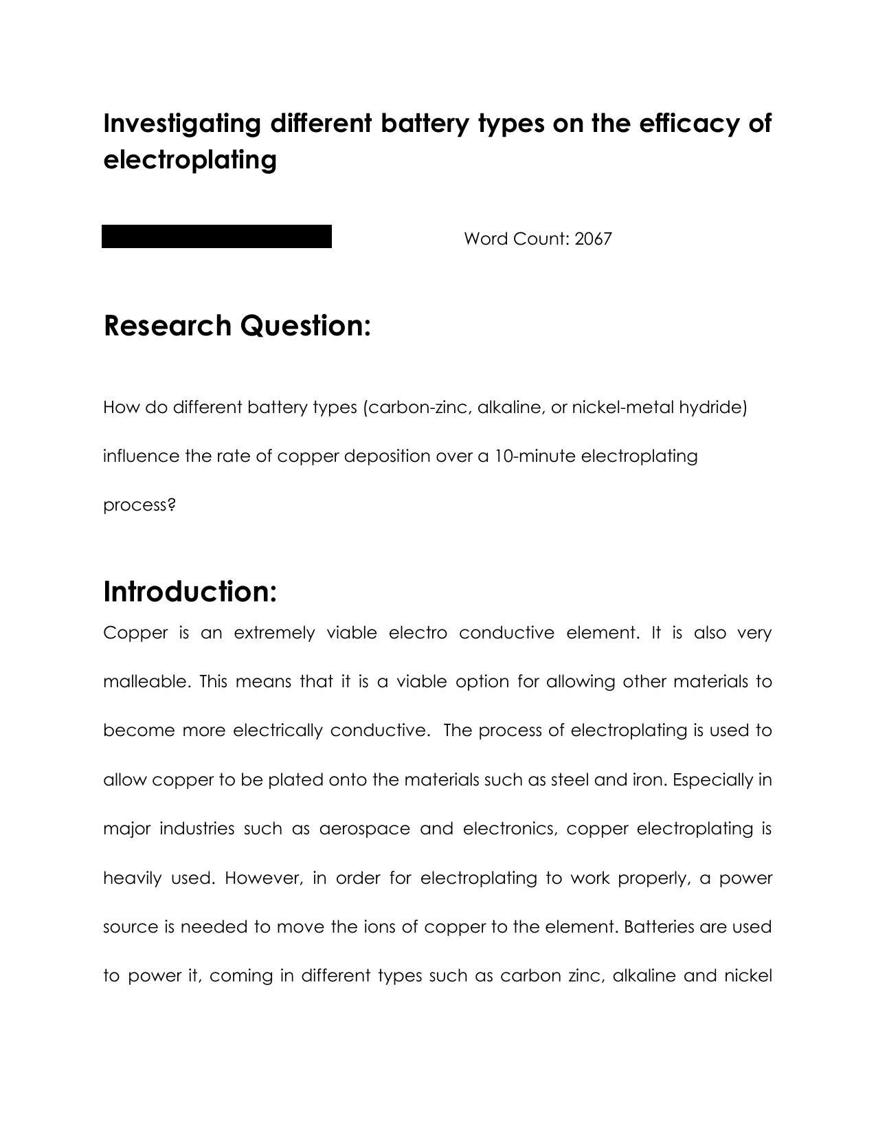 How do different battery types (carbon-zinc, alkaline, or nickel-metal hydride) influence the rate of copper deposition over a 10-minute electroplating process? - Chemistry IA exemplar scored 5