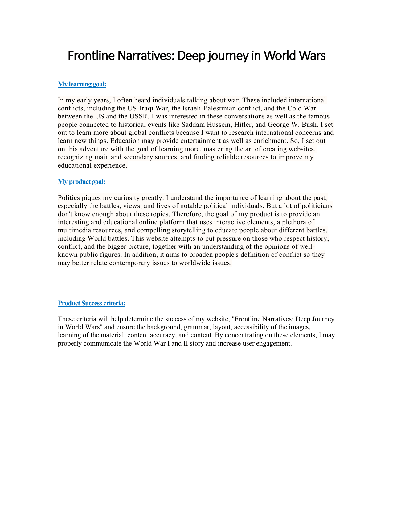Frontline Narratives: Deep journey in World Wars - Personal Project (MYP) External Assessment exemplar scored 5