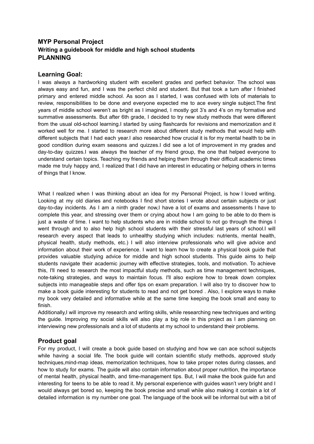 Writing a guidebook for middle and high school students - Personal Project (MYP) External Assessment exemplar scored 7