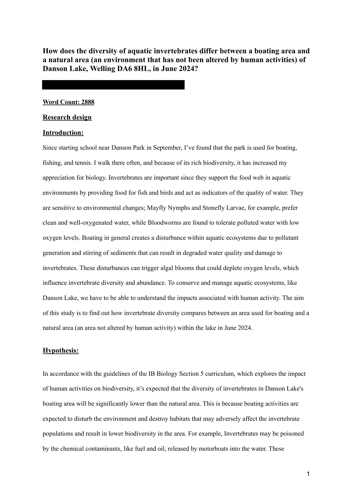 How does the diversity of aquatic invertebrates differ between a boating area and a natural area (an environment that has not been altered by human activities) of Danson Lake, Welling DA6 8HL, in June 2024?