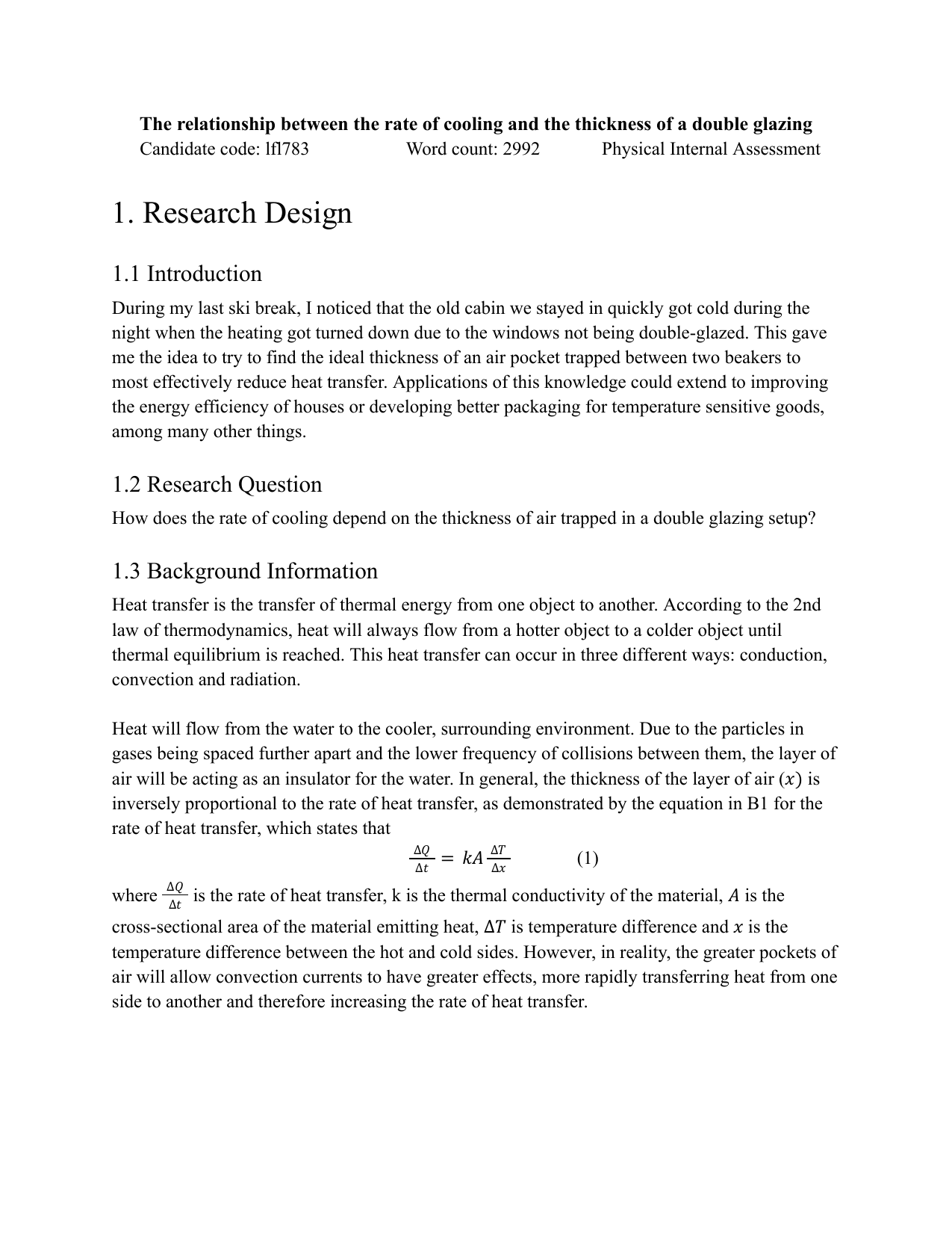 How does the rate of cooling depend on the thickness of air trapped in a double glazing setup? - Physics IA exemplar scored 7