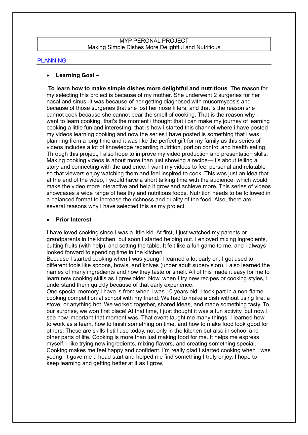 Making Simple Dishes More Delightful and Nutritious - Personal Project (MYP) External Assessment exemplar scored 7