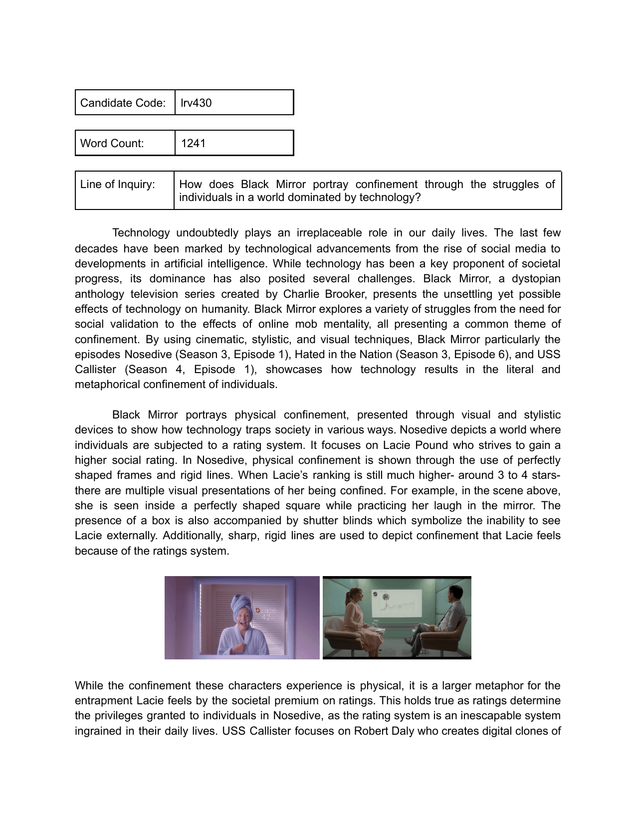 How does Black Mirror portray confinement through the struggles of individuals in a world dominated by technology? - English A Lang & Lit IA exemplar scored 4