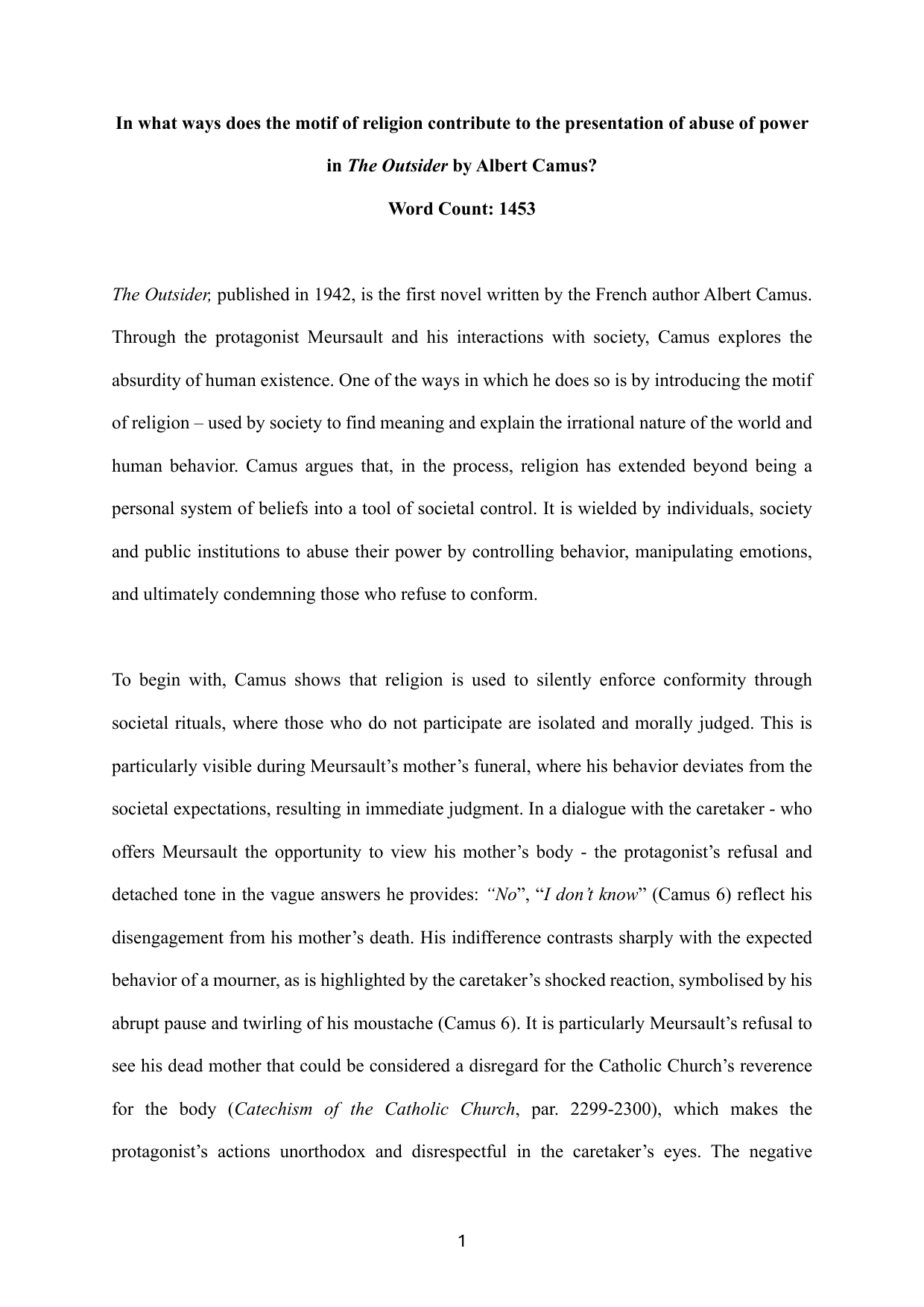 In what ways does the motif of religion contribute to the presentation of abuse of power in The Outsider by Albert Camus? - English A Lang & Lit IA exemplar scored 7