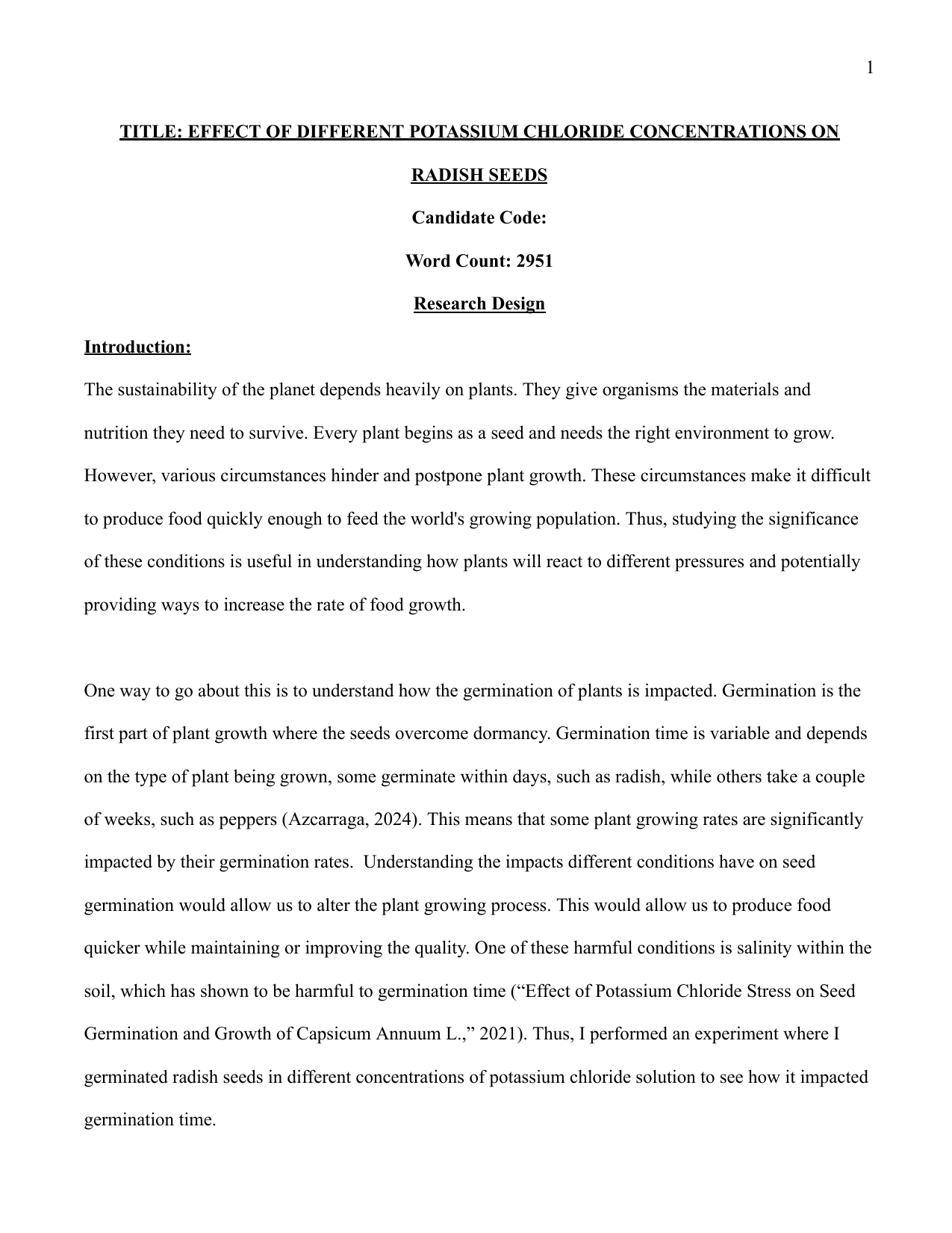 EFFECT OF DIFFERENT POTASSIUM CHLORIDE CONCENTRATIONS ON RADISH SEEDS - Biology IA exemplar scored 5