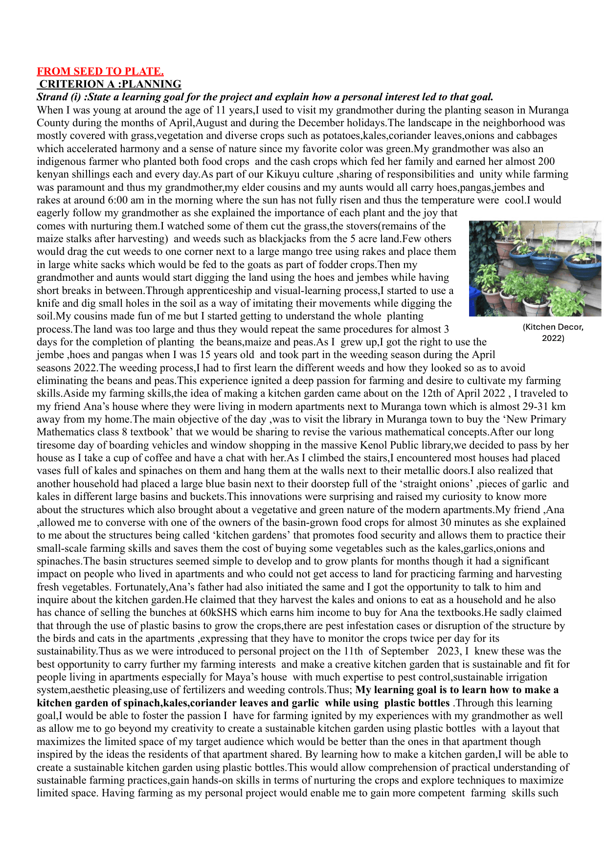 FROM SEED TO PLATE. - Personal Project (MYP) External Assessment exemplar scored 7