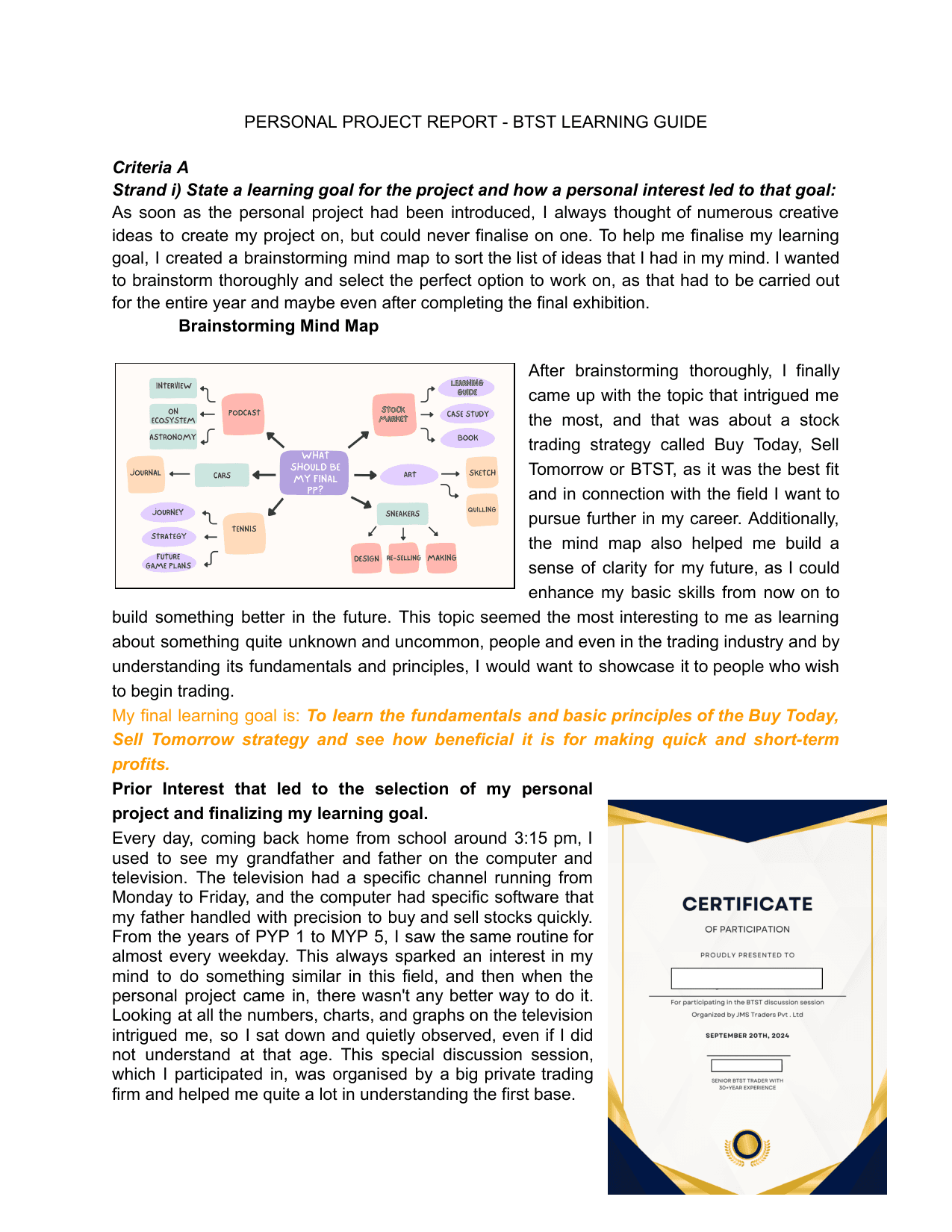 BTST Learning Guide - Personal Project (MYP) External Assessment exemplar scored 7