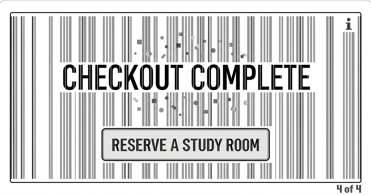 Close-up of a kiosk confirmation screen showing ‘Checkout complete’, a subtle confetti-like animation, and a button labeled ‘Reserve a study room’.